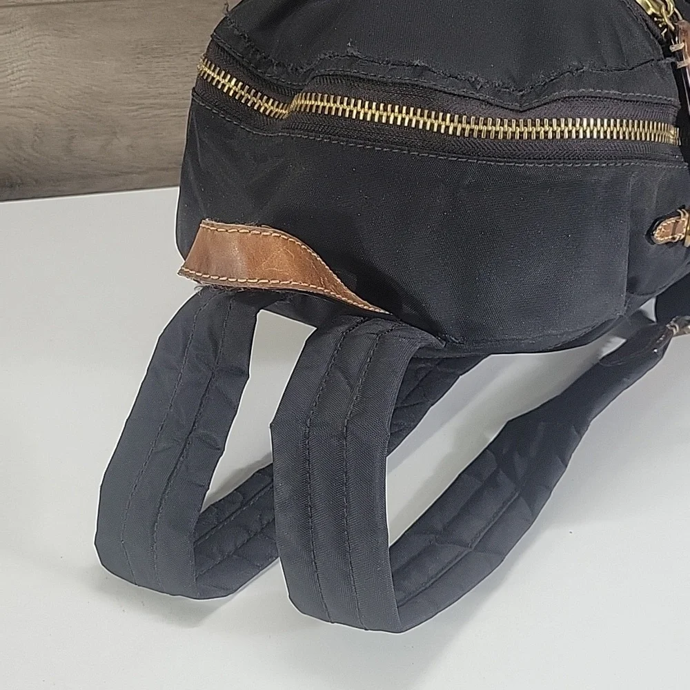 Frye Nylon Black and Brown Leather Trim Backpack with Gold Accents
